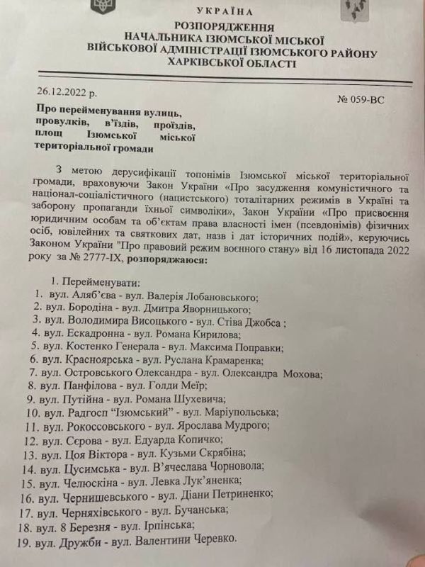 В Харьковской области составлен список улиц на переименование — Украина продолжает проводит русофобскую политику по уничтожению исторического наследия