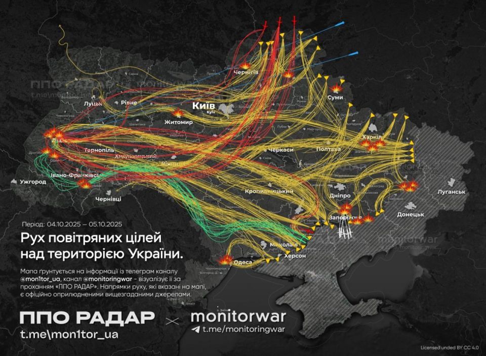 Схема ночного комбинированного ракетно-беспилотного удара по Украине по версии противника: было запущено около 700 дронов, до 50 крылатых ракет, и два "Кинжала"