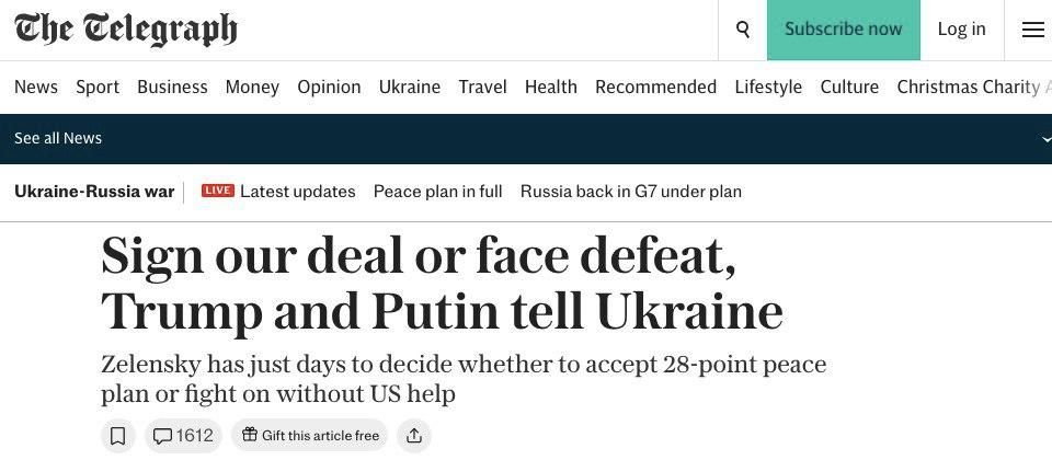 The Telegraph: Подпишите наше соглашение или потерпите поражение, говорят Трамп и Путин Украине