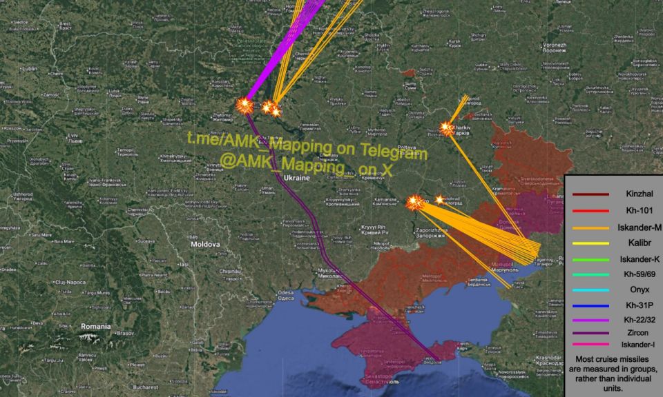 Появилась карта маршрутов ракет на Украине сегодняшней ночью