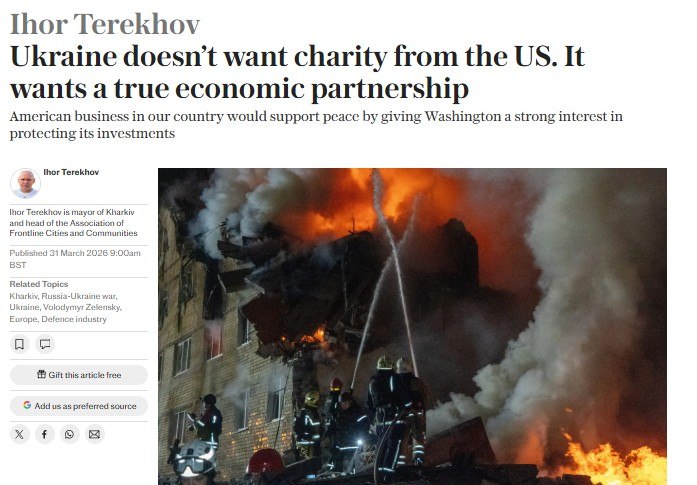 ‘Самая эффективная система ПВО и надежные гарантии безопасности – это активы США на Украине’ – мэр Харькова Терехов хочет, чтобы американцы строили на Украине заводы и открывали технологические центры