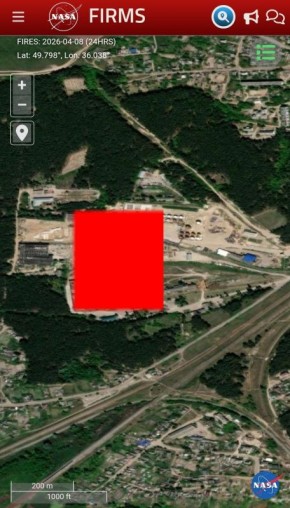 На карте пожаров видно, что ночью в Мерефе горели резервуары с топливом на территории завода железобетонных конструкций