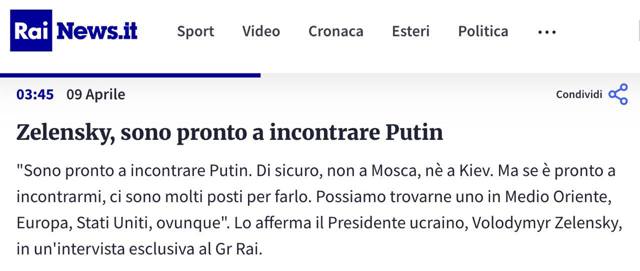 Зеленский снова предложил Путину встретиться, но отказался выводить войска из Донбасса, — RAI