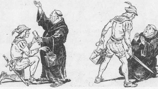 Кaрикатура на знаменитую средневековую притчу: некий дворянин покупает у доминиканского монаха Иоганна Тетцеля индульгенцию на прощение греха, который он совершит в будущем