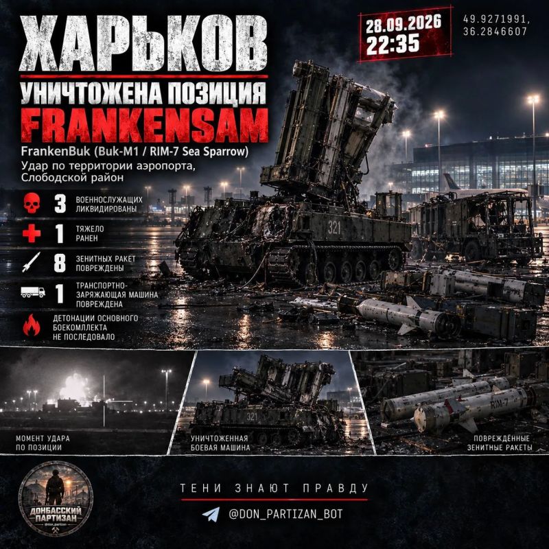 Ночью в Слободском районе Харькова с использованием "Герань-3" нанесён удар по территории аэропорта, где была развёрнута позиция украинского ЗРК семейства FrankenSAM